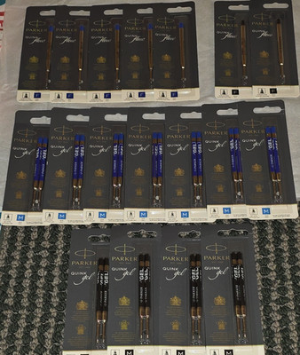 Parker Quink Flow & Gel Pen Ink Black Blue Metal Plastic Lot [29 TOTAL REFILLS]