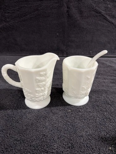 Vintage Westmoreland White Milk Glass Paneled Grape Cream and Sugar Set