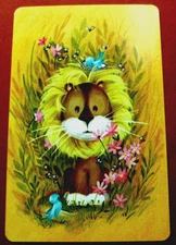 1 Single Vintage Swap Playing Card Animals Lion In Tall Grass Bluebirds Flowers