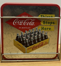 Coca Cola Vintage Coasters Set Cork Back 4" Square Diner Style Metal Holder