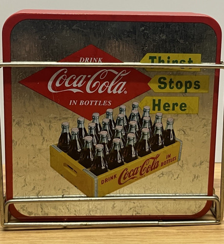 Coca Cola Vintage Coasters Set Cork Back 4" Square Diner Style Metal Holder