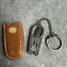 Sterling Silver Etched Japanese Folding Sewing Scissors w Leather Case 2” Vtg