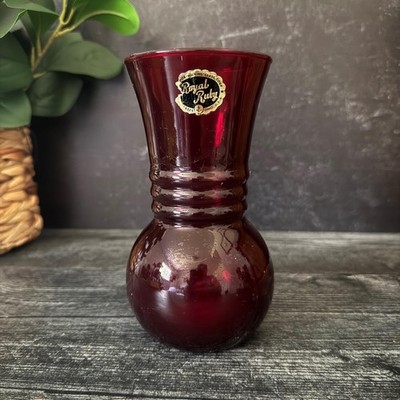 Anchor Hocking Royal Ruby Vase Red Glass Ribbed Vintage