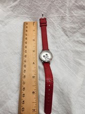 Vintage Disney Mickey Mouse Red Leather Strap Watch Accutime MK1018A Silver F4