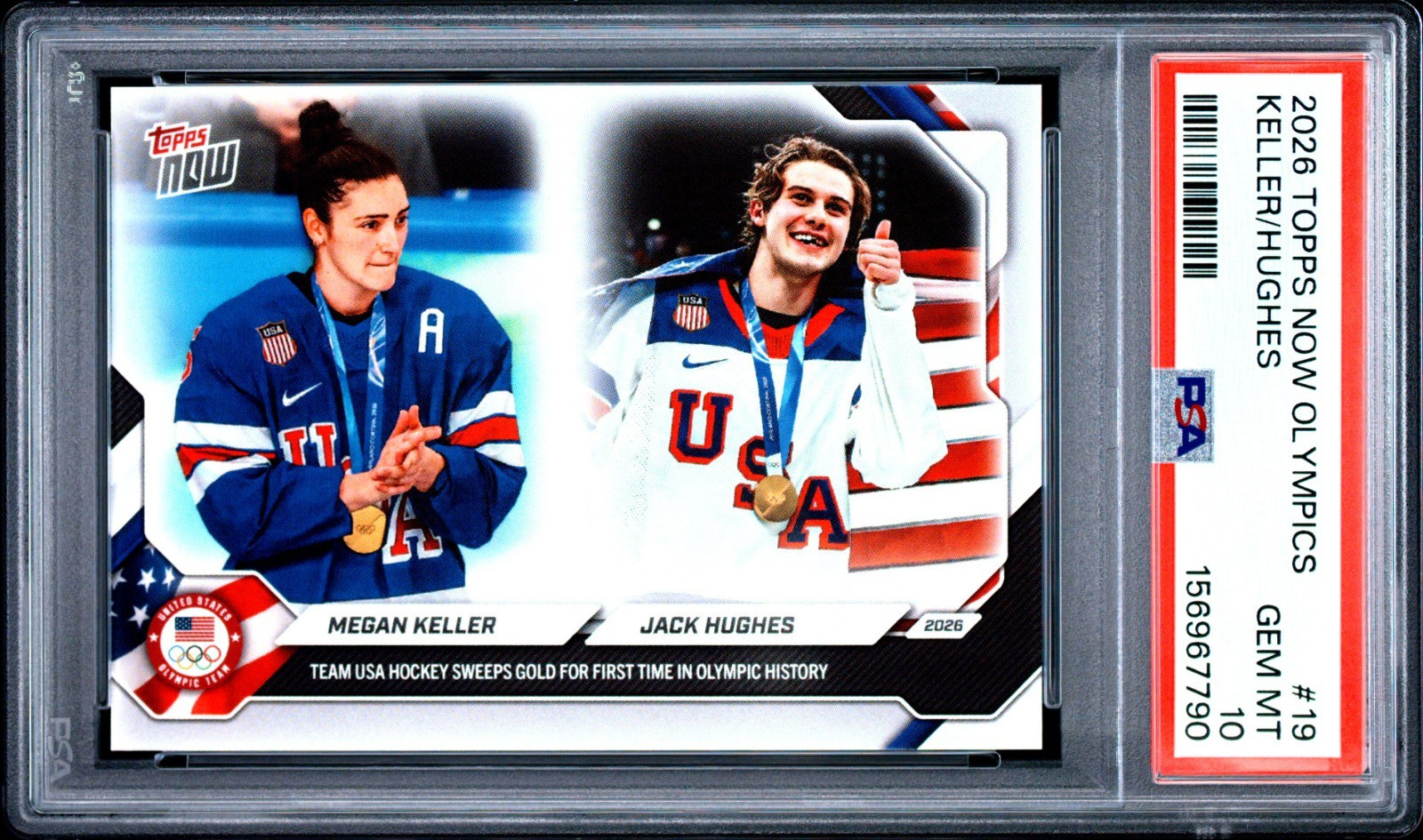 2026 Topps Now Olympics #19 Megan Keller / Jack Hughes - Gold Medal PSA 10
