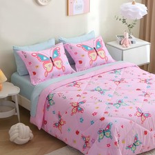 Girls Butterfly Comforter Set Full Size 7 Piece Bed in A Bag Colorful Pink
