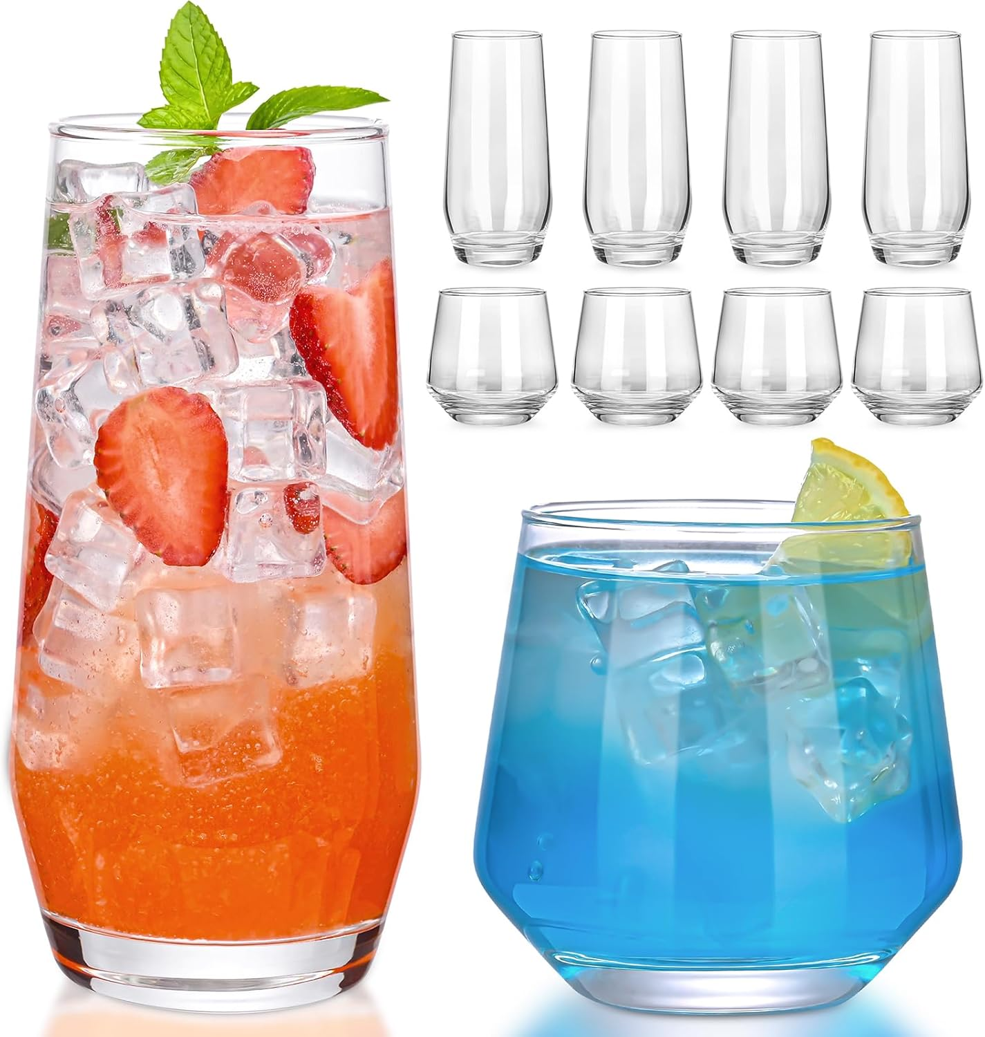 Drinking Glasses Set of 8,Clear 13 Oz & 18Oz Crystal Glass Cups,Drinkware Glassw