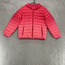Eddie Bauer Puffer Jacket Kids Large 14-16 Pink Hooded Down Full Zip Reversible