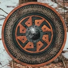 24'' Medieval Wooden Round Shield Viking Authentic Brown Hand Carved Battleworn