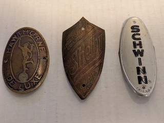 Lot of 3 Vintage Bicycle Head Badge Name Plates Hawthorne Shelby Schwinn