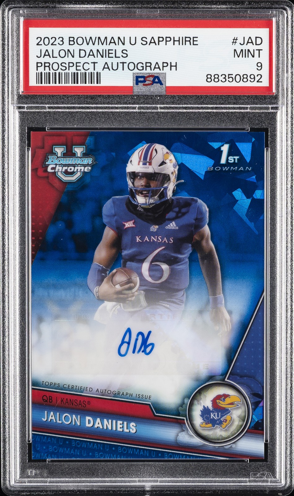 2023 BOWMAN UNIVERSITY CHROME SAPPHIRE PRSPCT AUTO #JAD JALON DANIELS PSA 9