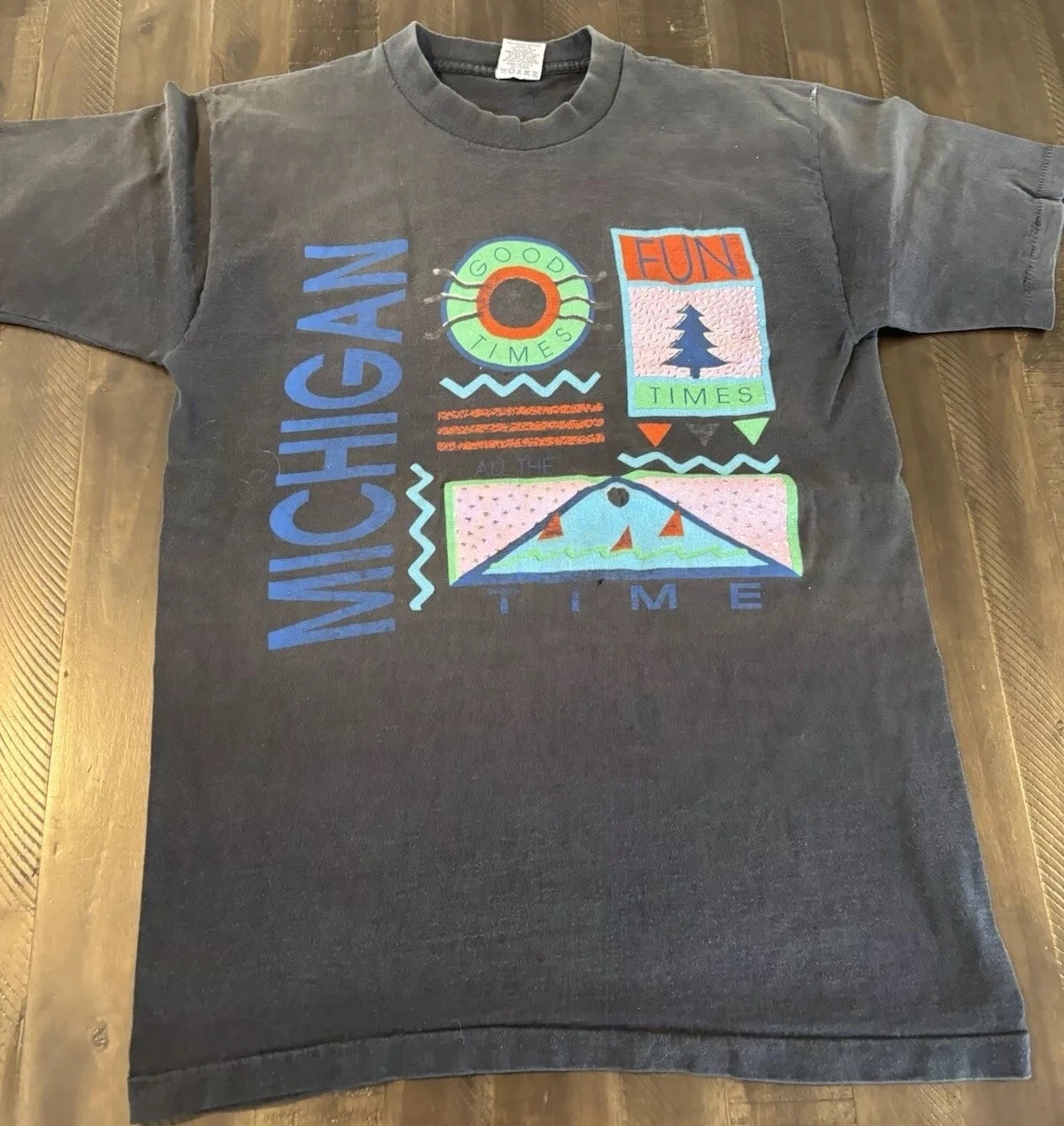 Vintage Made In USA Michigan Summer Time Camping Black Faded T Shirt Large