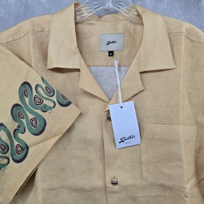Bather Camp Shirt Mens Medium Yellow 100% Linen Snake Print Short Sleeve