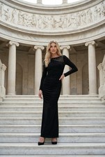Adrianna Papell Evening Gown Womens 4 Black Maxi Dress Ruched Cut Front Beaded