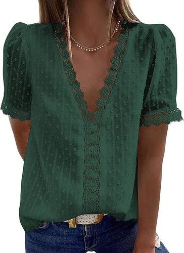 Astylish Women's Lace V Neck Short Sleeve Tunic Top Casual Blouse, Green, 2XL - 第 1/6 張圖片
