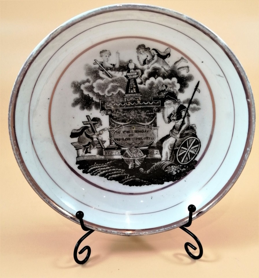 Two antique Staffordshire commemorative Princess Charlotte pink lustre