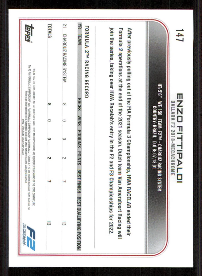 2022 Topps Chrome Formula 1 #147 Enzo Fittipaldi CAR - Image 2 of 2