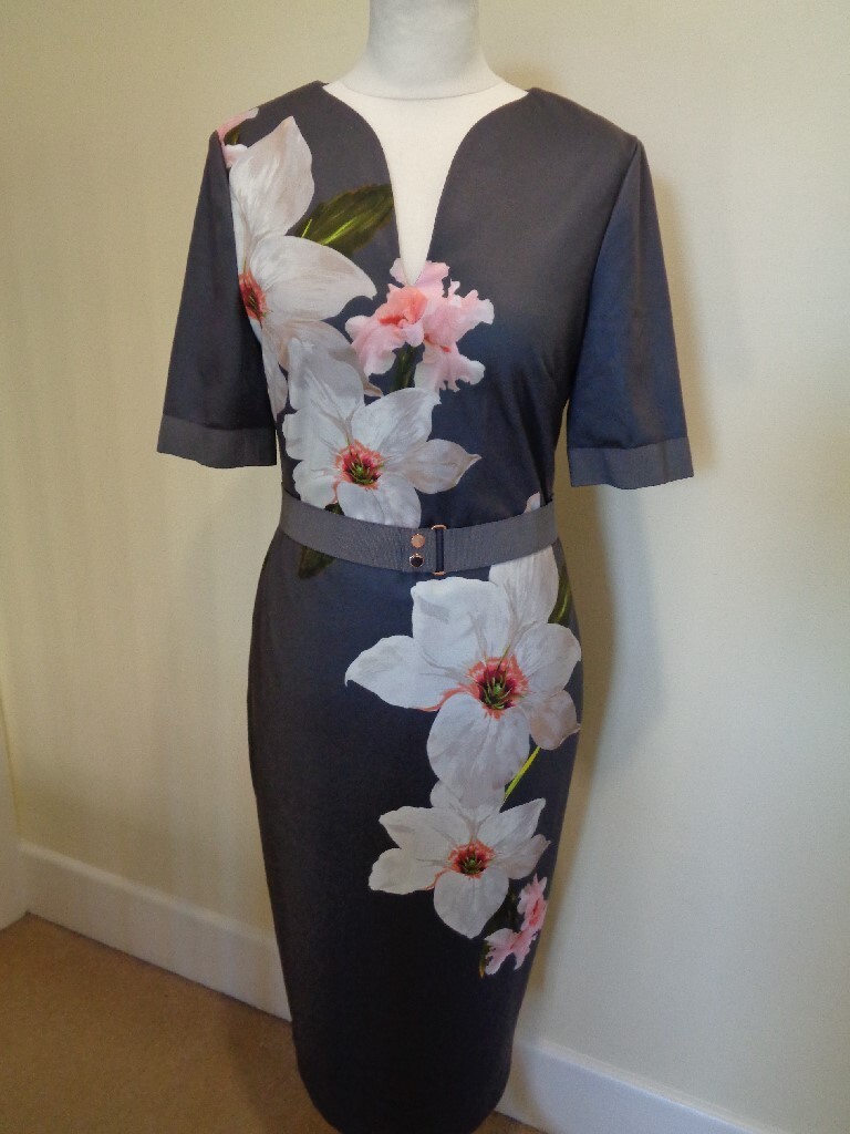 VESTIDO CON CINTURÓN TED BAKER 'CHATSWORTH' NUEVO GRIS Y ESTAMPADO FLORAL MÚLTIPLE - 10