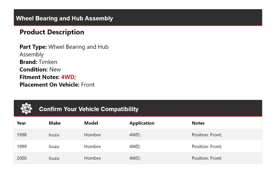 For 1998-2000 Isuzu Hombre 4WD Wheel Bearing and Hub Assembly Front Timken 1999 - Image 2 of 4