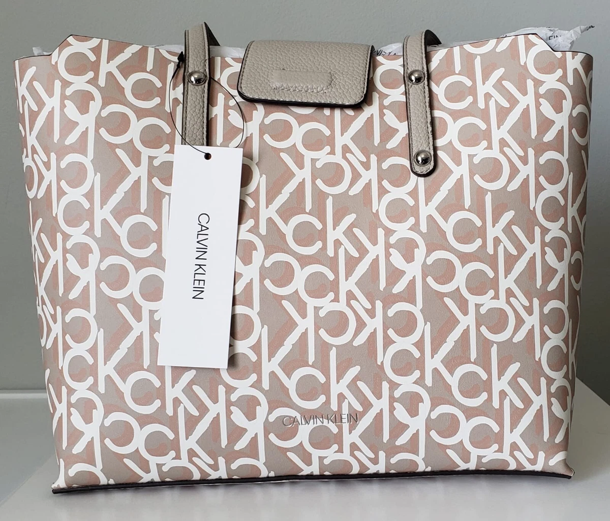 Original Calvin Klein Logo Tote Bag + Zip Pouch Beige NWT