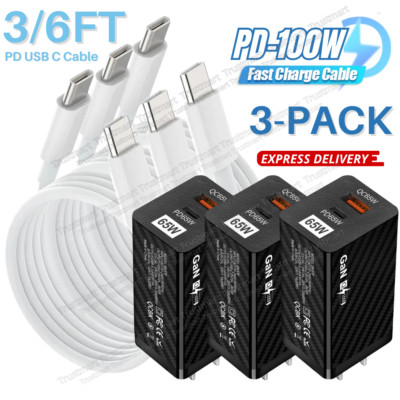 65W GaN Fast Charger Adapter 100W USB Type C Cord Lot For iPhone 15 Macbook iPad
