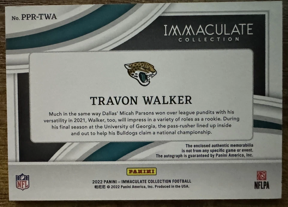 2022 Panini Immaculate Premium /99 Travon Walker Rookie Patch Auto - RPA - Image 2 of 2