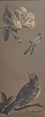 Well Executed Lynn Bloomfield - Watercolour Study Of A Bird,Flower And Dragonfly
