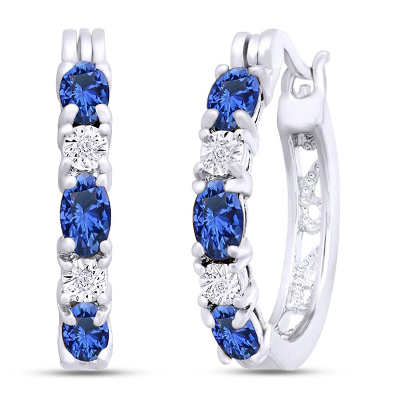 Hoop Earrings Simulated Blue Sapphire & Cubic Zirconia in 925 Sterling Silver-image