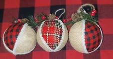 WINTER WONDER LANE RUSTIC COTTAGE SET 3 BUFFALO CHECK PLAID TREE ORNAMENTS RED