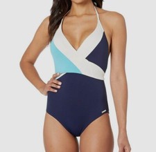  195 Vince Camuto Women Blue White Colorblock Wrap Halter One Piece Swimsuit 12