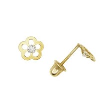 14k Yellow Gold CZ Flower Baby Screw Back Stud Earrings