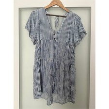 Zara blue and white striped linen blend V-neck tiered mini dress medium