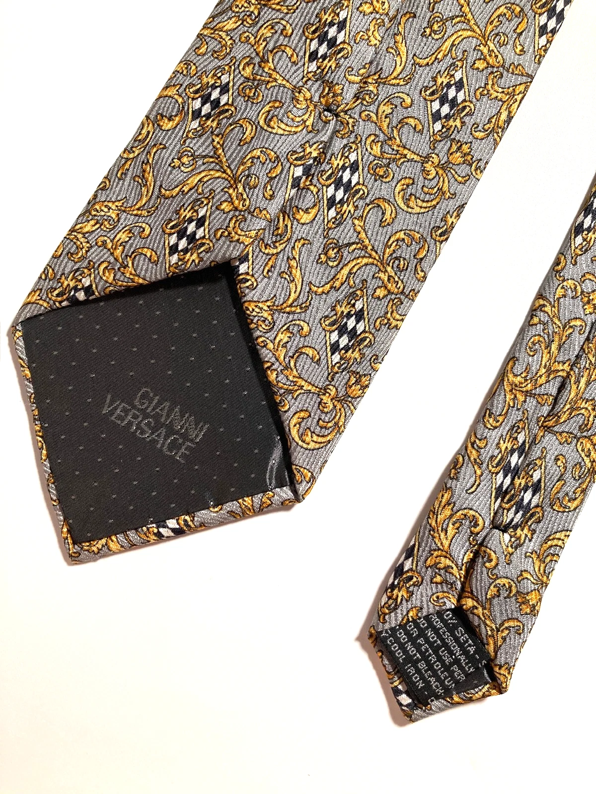 GIANNI VERSACE Vintage '90s Baroque Acanthus Tie Grids Art Nouveau Italy Gray - product detail image 16