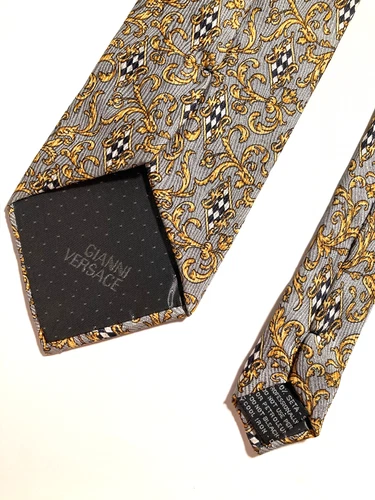 GIANNI VERSACE Vintage '90s Baroque Acanthus Tie Grids Art Nouveau Italy Gray image 16