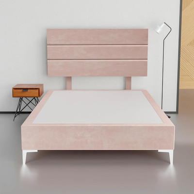 15  Velvet Platform Bed with Headboard, Full XL, Light Pink, No Box Spring