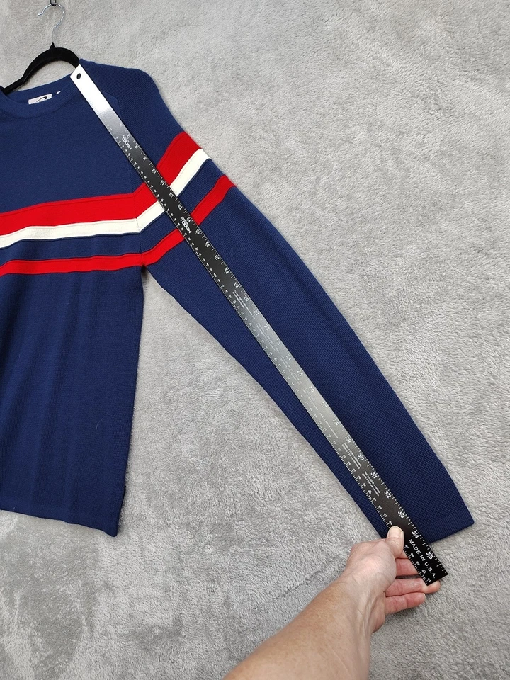 Suéter Obermeyer Para Hombres Talla M Azul Marino Mezcla de Lana a Rayas Cuello Redondo Tejido Gofre Esquí Foto 4 de 4