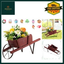Rustic Wooden Wheelbarrow Garden Planter Cart with Wheel & Handles Reddish Brown