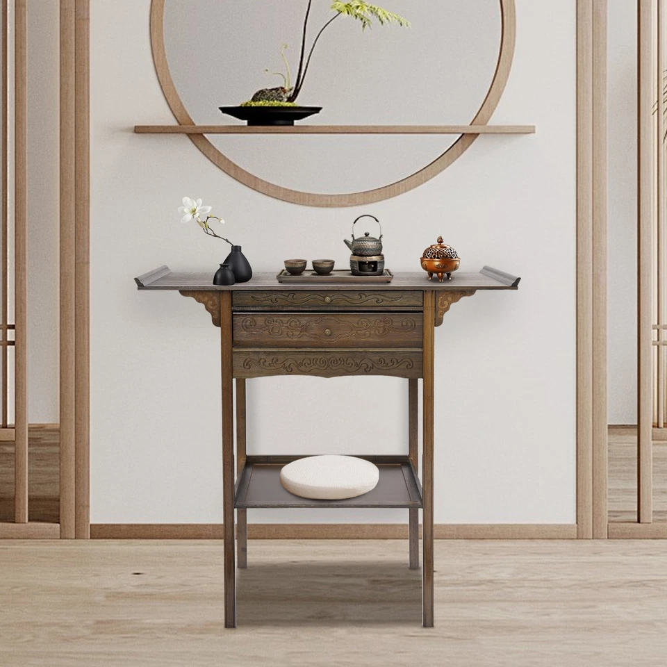 Mesa de altar marrón de 2 niveles con 2 cajones mesa de altar retro con almacenamiento Foto 3 de 4