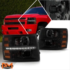 For 07-14 Chevy Silverado LED DRL Strip Headlight/Lamp Smoked Housing Amber Side