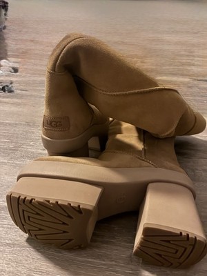 UGG Tan Suede Block Heel Women's Boots Size 7 Logo Accent Solid Rubber Outsole