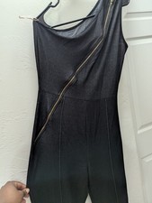 Black One-Shoulder Stretch Jumpsuit Zip Accent Sleeveless Straight Leg Women