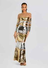 NEW NWT $1198 RETROFETE "Desi" silver & gold & nude mesh maxi dress sz M