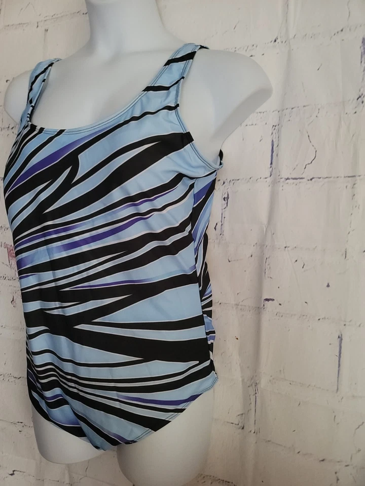 Nuevo traje de baño de una pieza con líneas onduladas azules talla grande 4XL correa ancha cuello redondo forrado Foto 4 de 4
