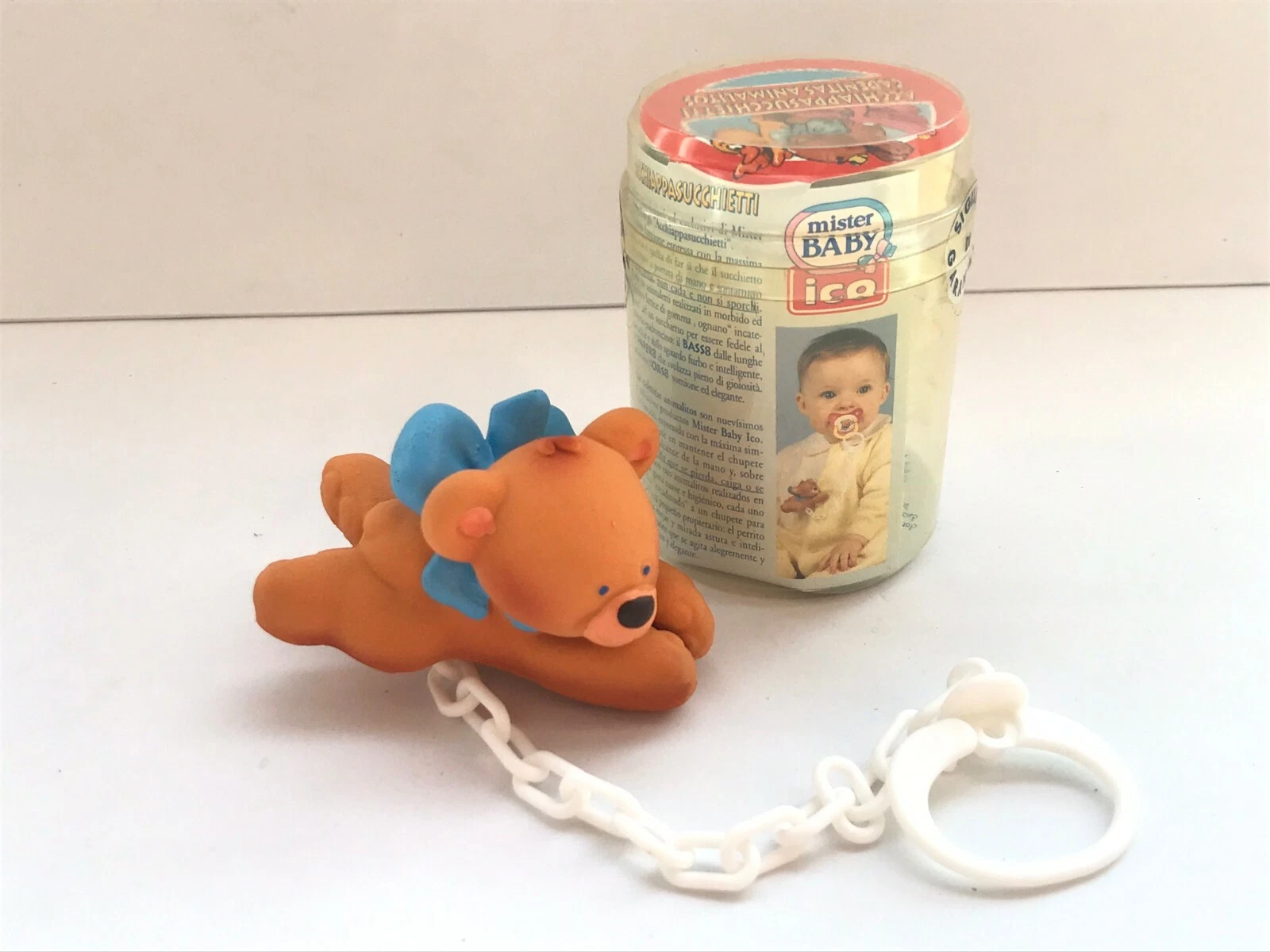 Vintage Mister Baby pacifier bear clip dummy holder, collectible latex clip
Opens in a new window or