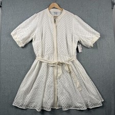 Nine West Dress Womens 2X White Belted Button Up Eyelet A Line Cottagecore NEW