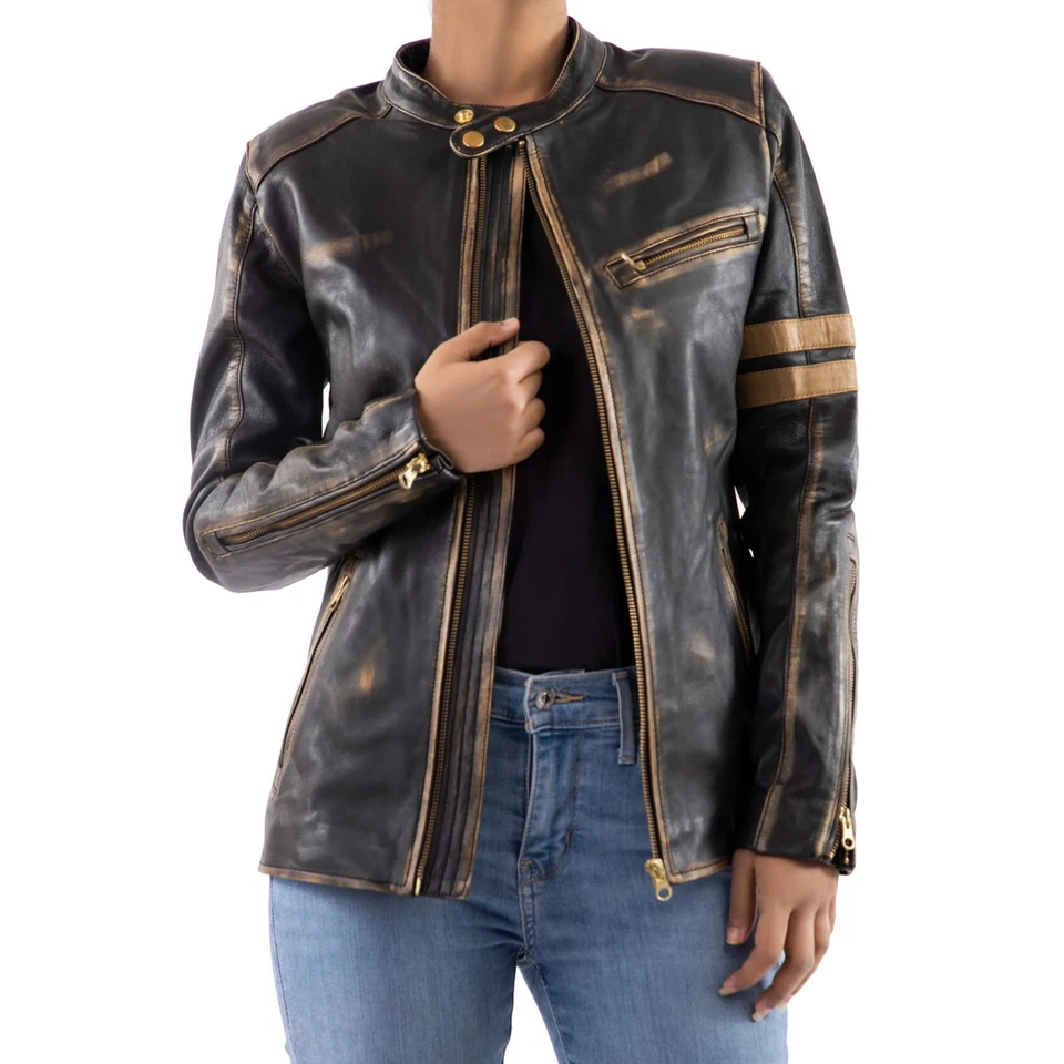 Women's Racer Vintage Leather Jacket Women Distressed Black Biker Jacket Women - Image 2 of 4