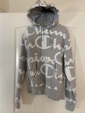Champion Pullover Hoodie Sweatshirt Reverse Weave Gray All Over Print/Logo M