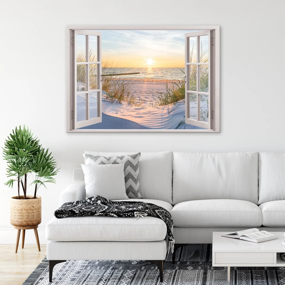 Leinwandbild Bilder Fensterblick Strand XXL Wandbild Bild Wohnzimmer Groß Modern - Bild 2 von 4