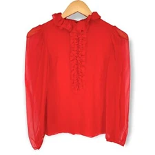 Red Ruffle Bib Front High-Neck Puff Shoulder Semi-Sheer Sleeve Blouse