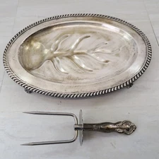 Vintage Silver Plate Meat Carving Tray Platter Juice Wells Footed Serving & Fork